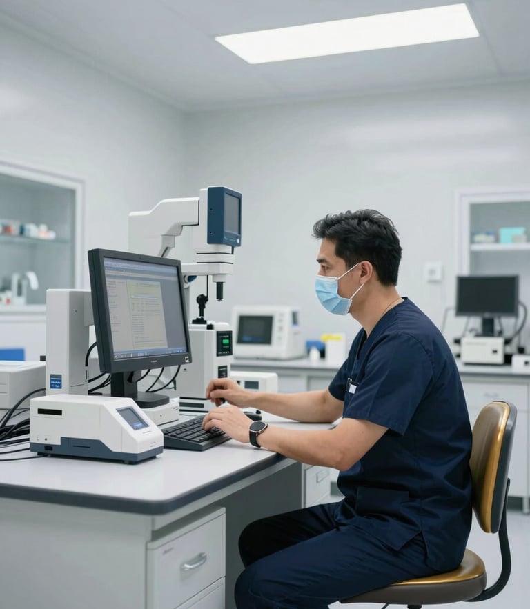 A clean-room clinical environment with a professional healthcare specialist in scrubs examining high-tech equipment under soft natural daylight, sharp focus, clinical precision.