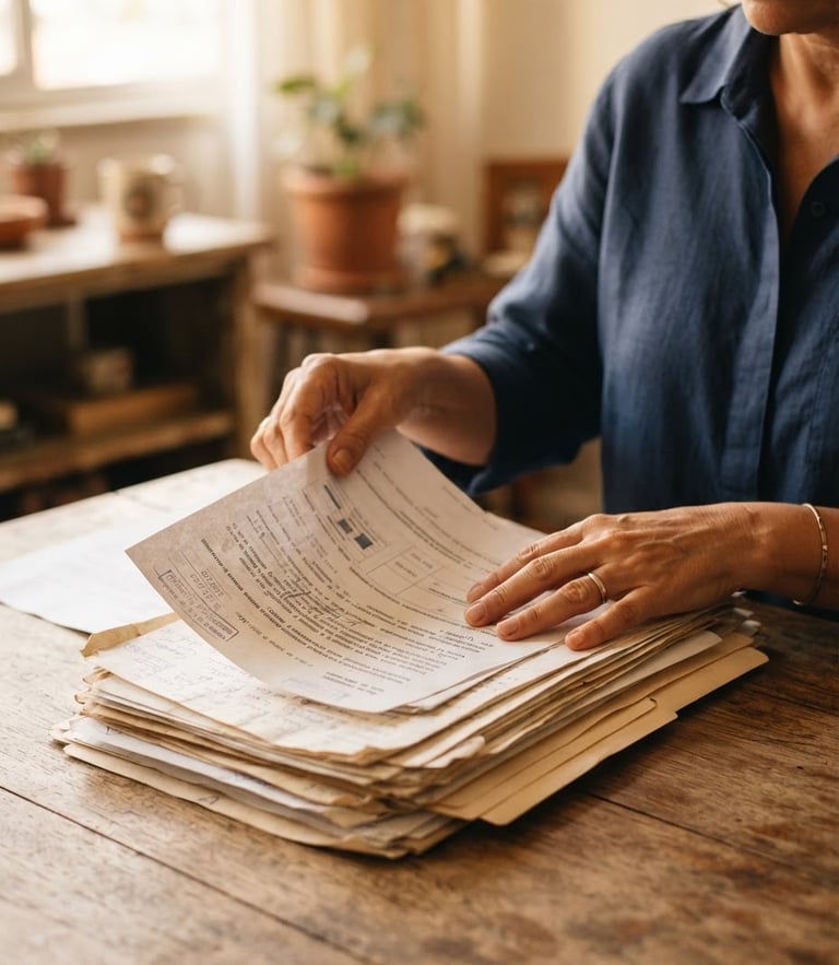 Close-up of hands organizing paper documents on a clean wooden table, soft natural daylight, shallow depth of field, dignified atmosphere