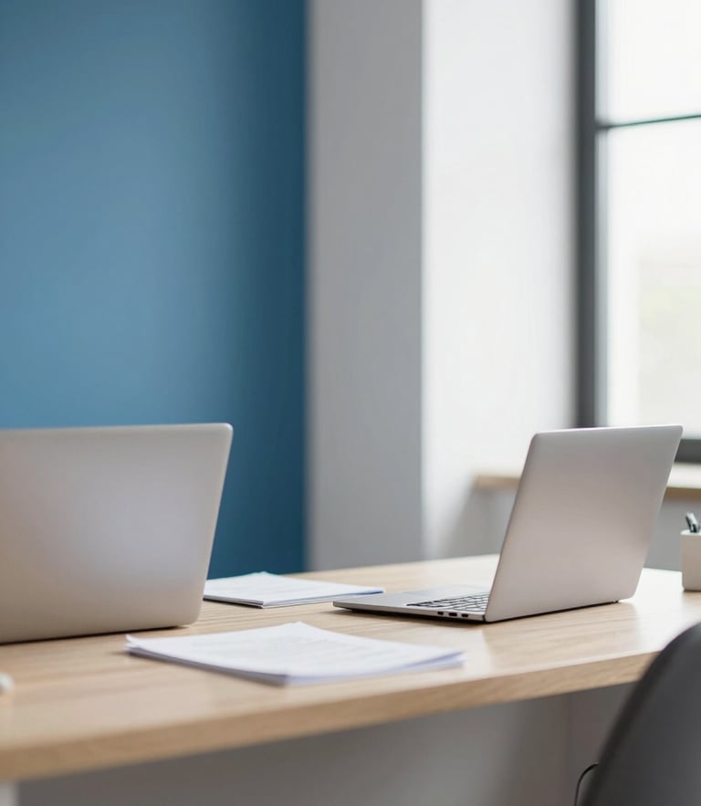 Bright editorial photography of a modern home office, soft natural daylight, clean corporate blue and neutral tones, shallow depth of field, 35mm