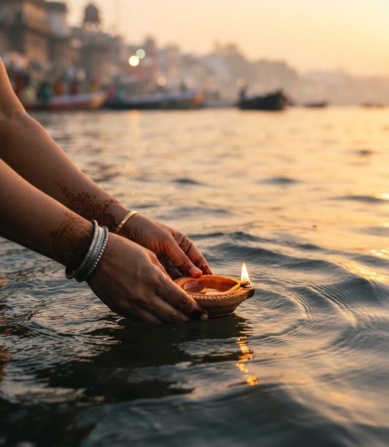 A close-up of hands gently releasing a traditional clay diya with a small flame into the softly flowing waters of the Ganges River at dawn, warm golden light reflecting on the ripples, shallow depth of field, 35mm photography.