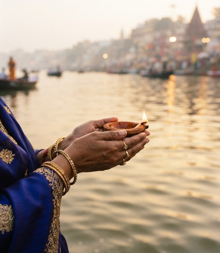 A close-up photograph of hands holding a small, traditional clay diya with a warm glowing flame, soft morning light reflecting off calm river water, shallow depth of field.