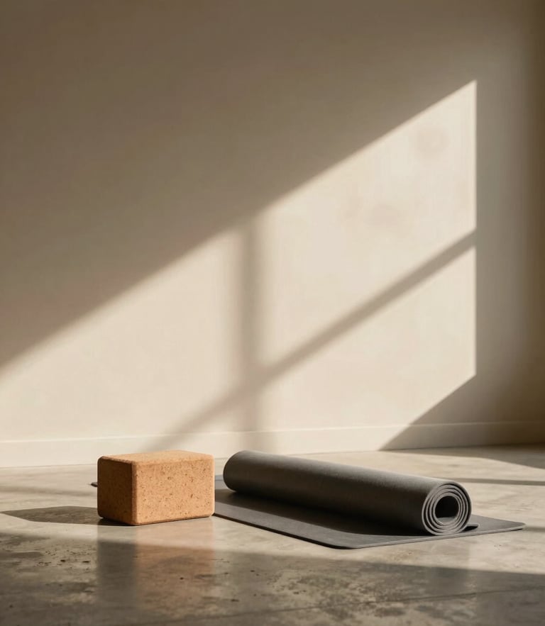Warm diffused light in a minimalist yoga studio, soft shadows on a beige wall, a single cork block and rolled mat on a polished concrete floor.