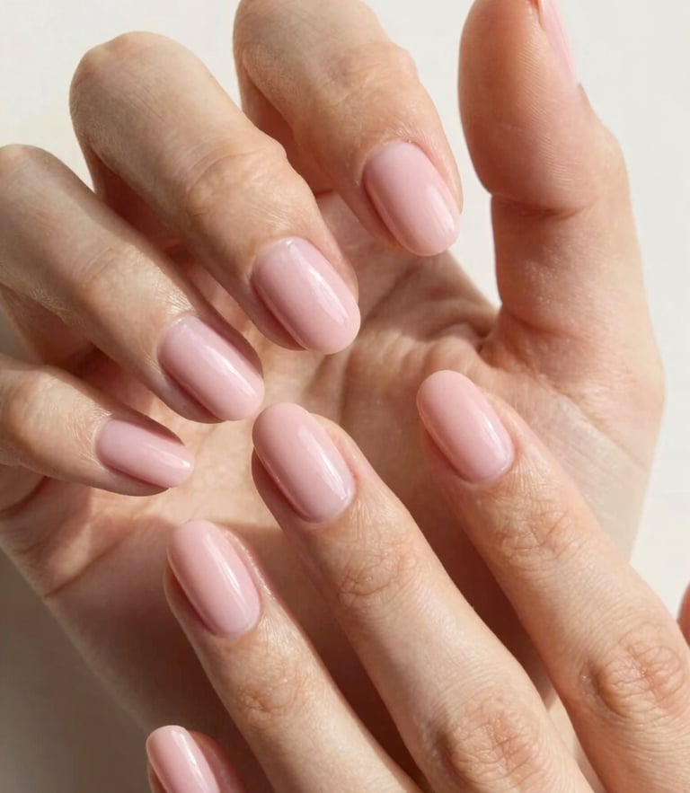 Extreme close-up of perfectly manicured hands with soft pink BIAB nails, elegant hand pose, warm white background, soft natural daylight, macro lens