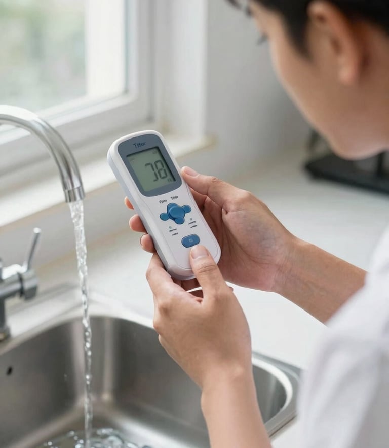 A professional technician testing water TDS levels with a digital meter in a bright Gurugram kitchen, natural window light, sharp focus on hands and meter, 35mm editorial photography, portrait crop