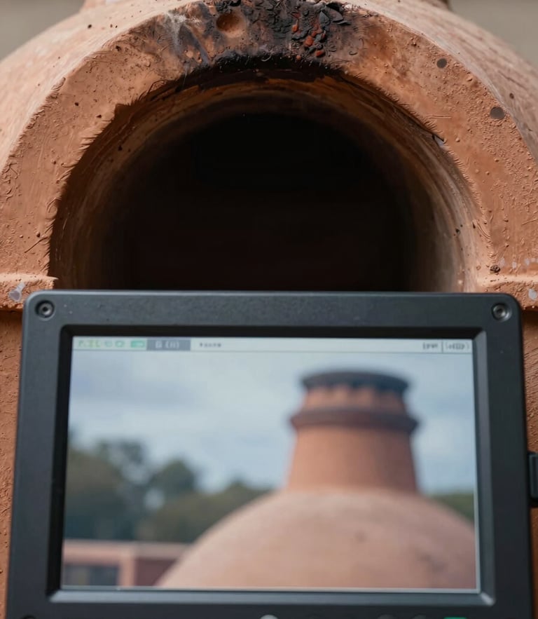 Close-up macro of a high-resolution digital inspection monitor displaying the textured, soot-stained interior of a historic clay tile chimney flue, overcast cold daylight reflecting on the screen.
