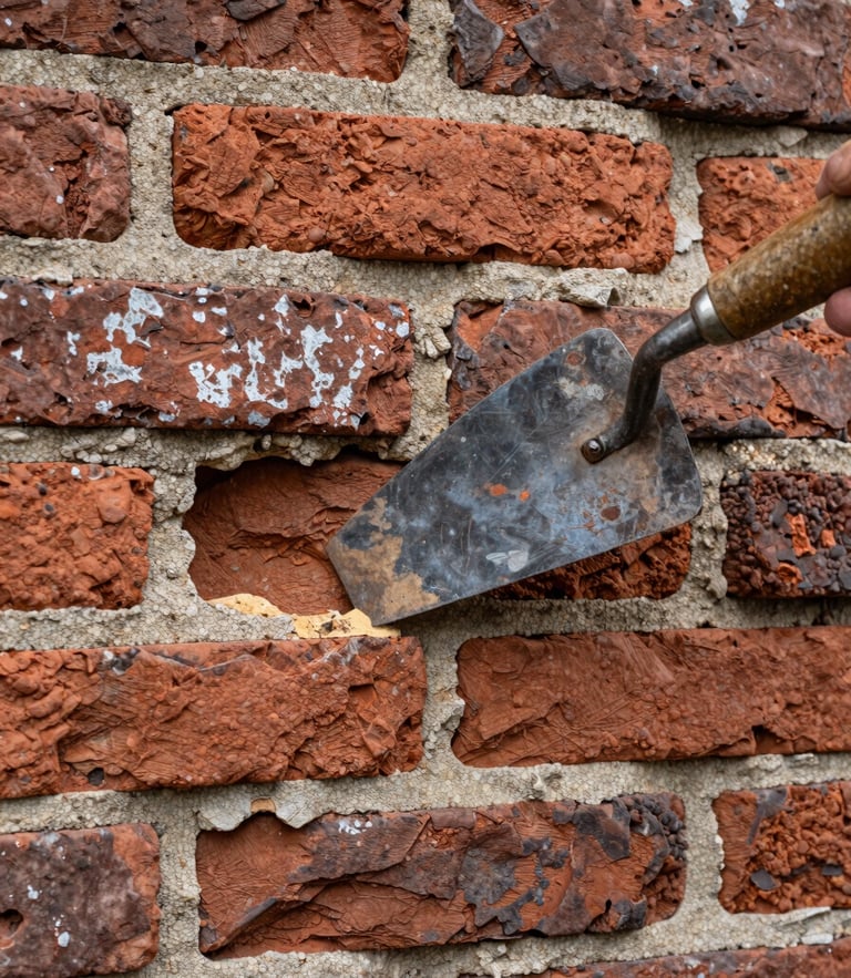 A close-up of weathered historic brickwork with a mason's trowel pointing to a crumbling lime mortar joint, overcast natural daylight revealing raw textures.
