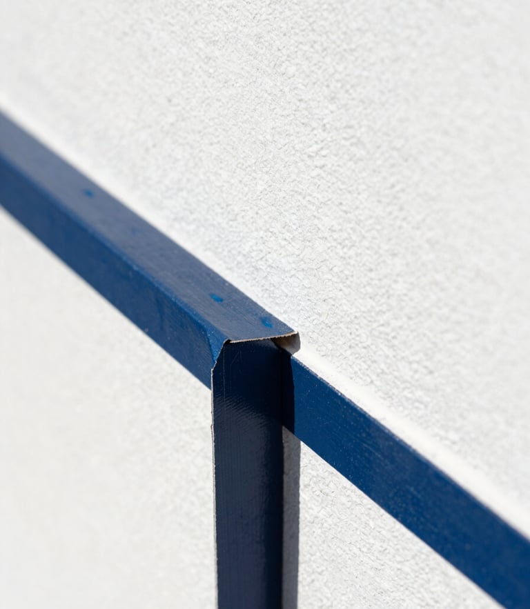 Macro close-up of a sharp paint tape line being pulled away to reveal a flawless, crisp navy blue edge on a bright white stucco wall under intense Florida sun.