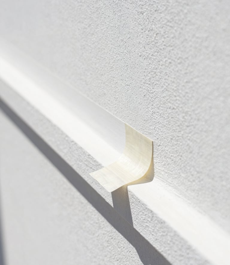 Macro detail shot of a crisp paint tape line being pulled back, revealing an immaculate sharp edge on a white stucco wall under bright Florida sun.