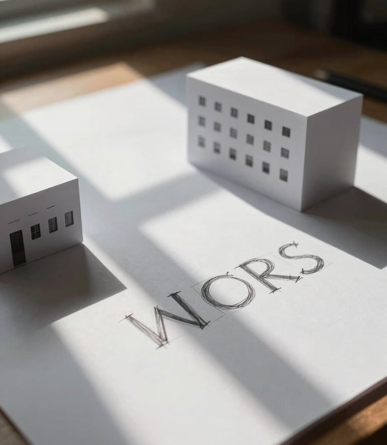 Cinematic close-up of heavy-stock paper with hand-drawn capital architecture models, soft natural window light casting deep geometric shadows, minimal aesthetic.