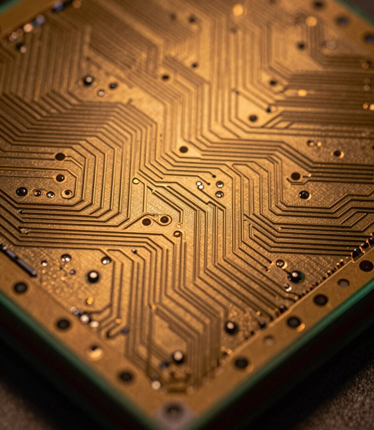 Extreme macro photography of a silicon wafer under amber cleanroom safety light, showing sub-micron circuit paths and precise geometric CAD-like lines, high contrast shadow.