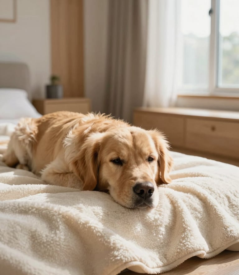 Warm editorial photography of a golden retriever resting its head on a premium cream-colored wool blanket in a sunlit modern living room with oak wood accents, soft window light, shallow depth of field, 35mm