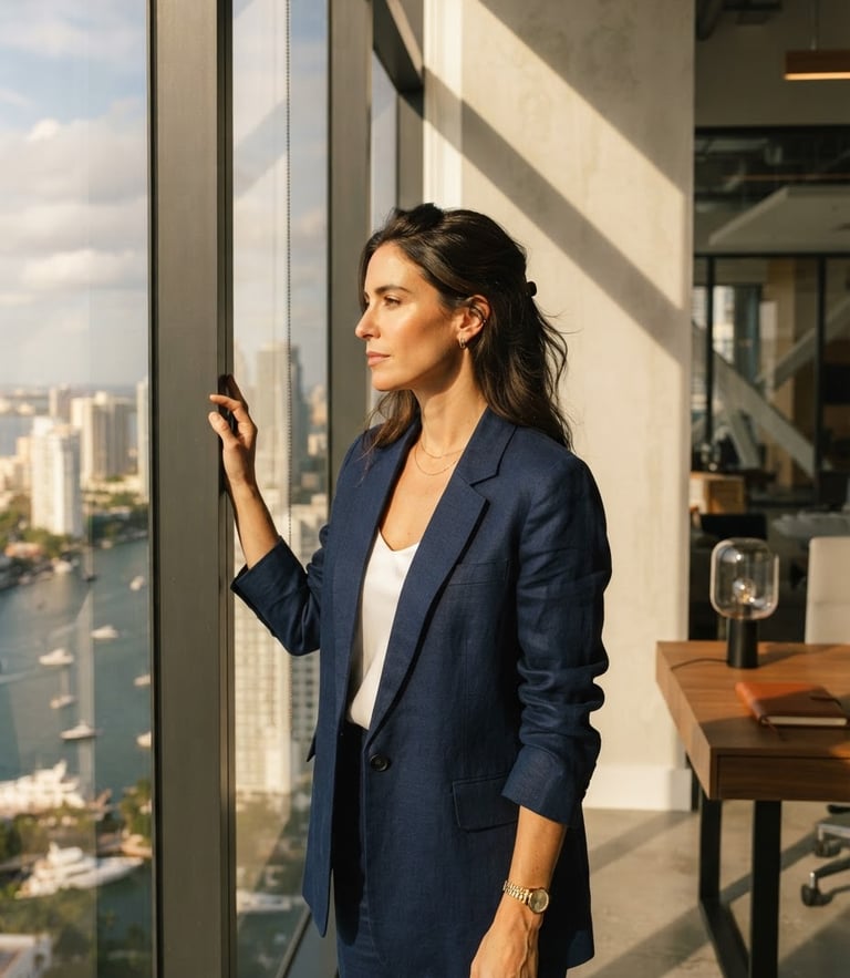 A professional woman in a structured navy linen blazer looking thoughtfully out a high-rise window, warm afternoon Miami sunlight casting sharp architectural shadows across the room.