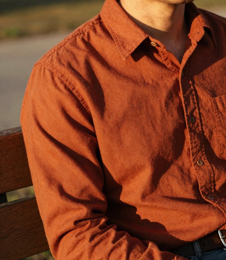 A close-up of a man in a warm terracotta heavyweight cotton overshirt, sitting on a wooden bench in golden-hour sunlight, looking relaxed, shallow depth of field, 35mm film.