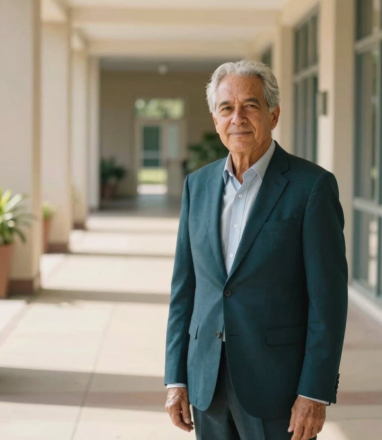 Environmental portrait of a senior academic director standing in a sunlit modern campus hallway, warm editorial photography, soft natural daylight, deep teal tones, 35mm