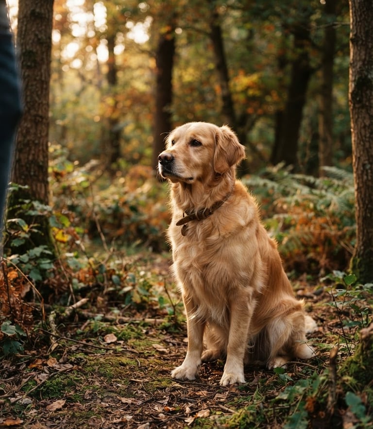 A calm golden retriever sitting in a Dutch woodland landscape at golden hour, looking attentively at its owner who is just out of frame, soft warm natural light, 35mm photography