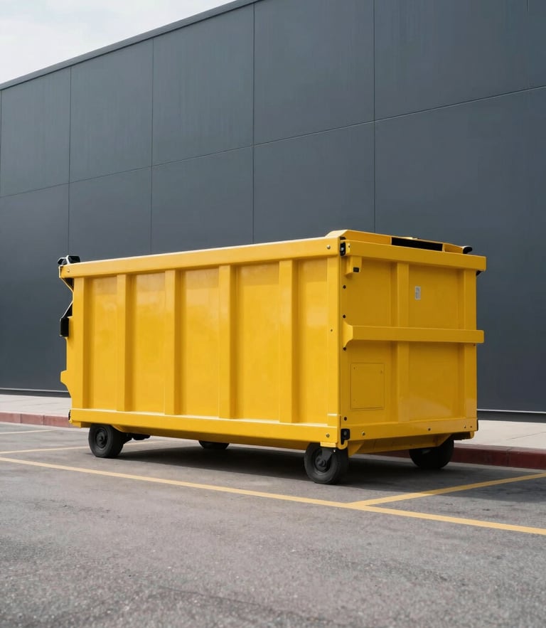 Low angle heroic shot of a clean yellow steel dumpster parked on a modern asphalt road, bright daylight, high contrast, industrial commercial photography