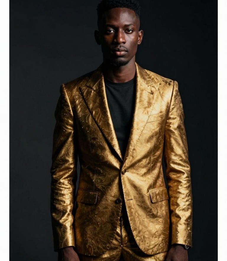 Sharp editorial portrait of an elegant African diaspora professional in bespoke gold-accented tailoring, dramatic high-contrast studio lighting, deep obsidian tones, medium format film.