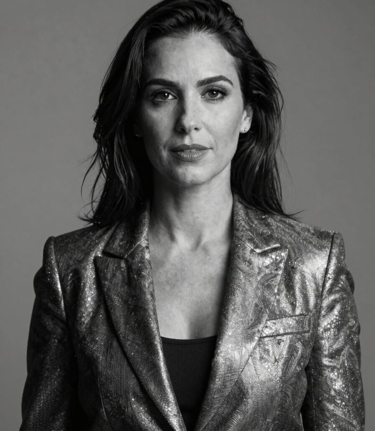 Professional black and white studio portrait of Luanna Negreiros, a corporate female executive, refined and confident expression, clean studio lighting, high-contrast editorial photography