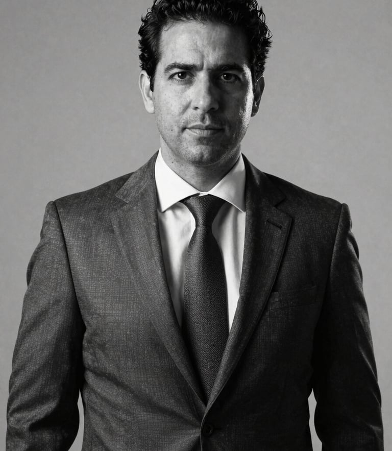 Professional black and white studio portrait of Tiago Montenegro, a corporate male executive, focused and experienced expression, clean studio lighting, high-contrast editorial photography