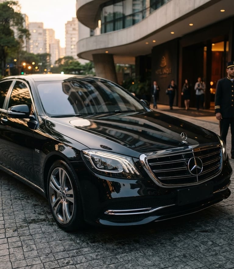 Cinematic corporate photography, close-up of a pristine black executive sedan parked in front of a luxury hotel entrance in São Paulo, soft golden-hour reflections, 35mm