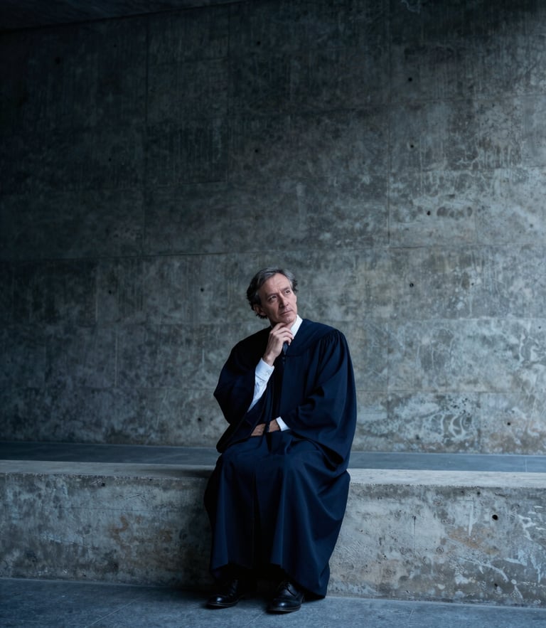 Low-key dramatic portrait of a scholar in thought, cool blue tones, stark shadows, architectural concrete background