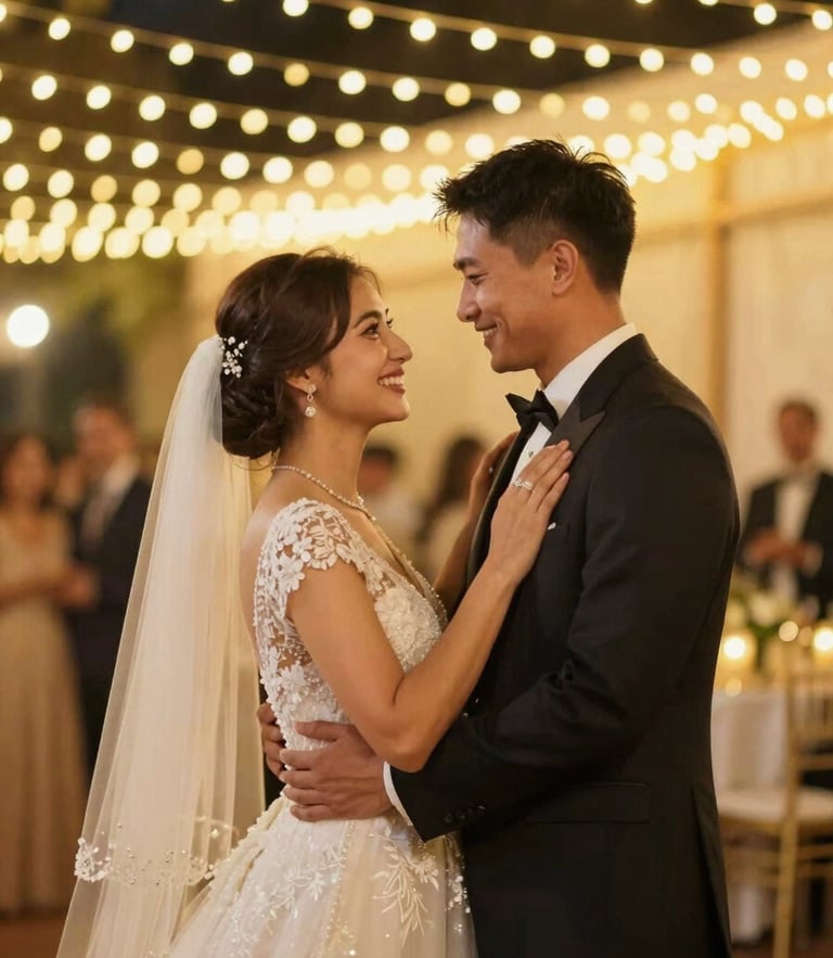 Warm editorial photography of a joyful wedding couple dancing under golden string lights, shallow depth of field, 35mm