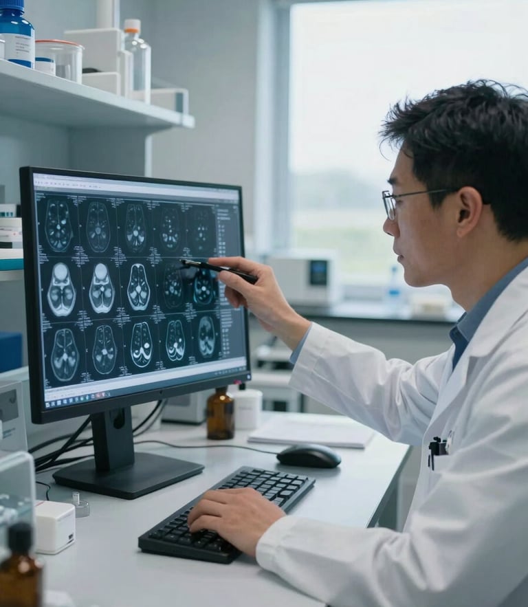 A clinical researcher in Westcliff-On-Sea analyzing medical imaging data on a standard flat-screen monitor in a naturally lit laboratory, cool-toned daylight, professional setting.