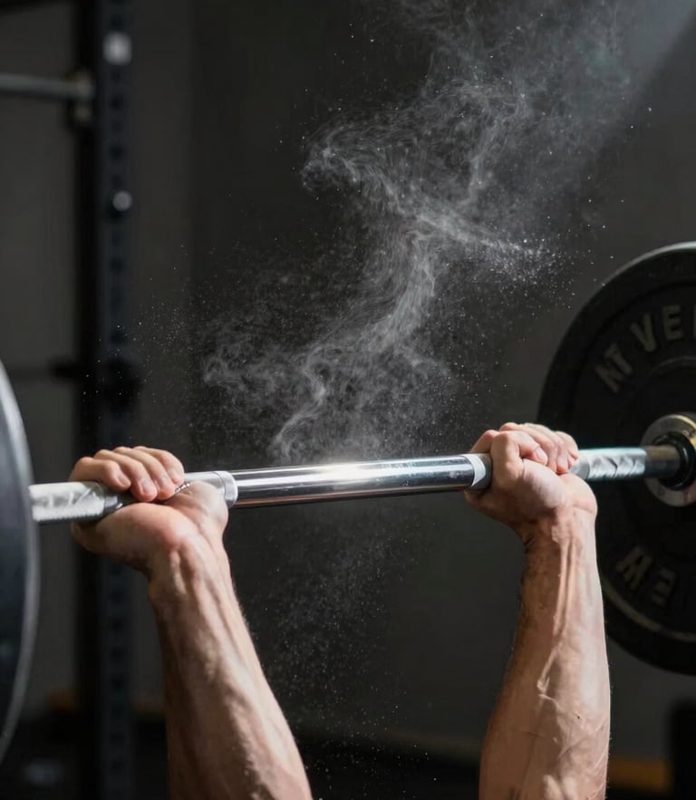 Dynamic close-up of a lifter's hands gripping a heavily knurled steel barbell on a dark background, dramatic chiaroscuro lighting with chalk dust suspended in a single sharp beam of light.