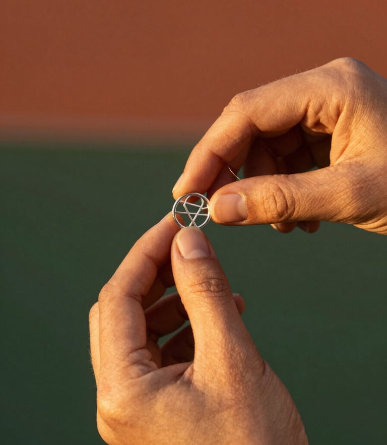 Close-up of hands measuring a delicate silver sacred geometry ring with a thread, warm golden-hour light, terracotta background, shallow depth of field