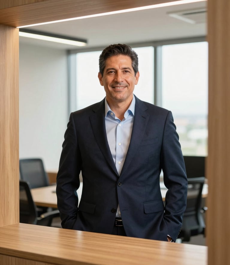 Professional portrait of Lic. Edgar Manríquez in a modern office, warm lighting, architectural framing, 35mm
