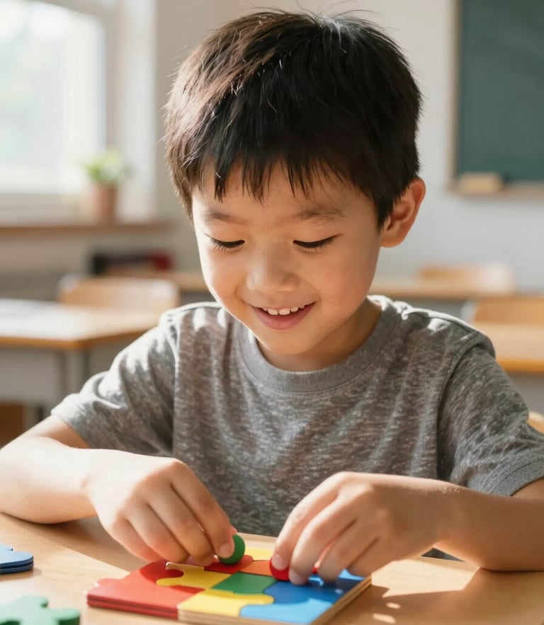 Close-up portrait of a young boy with an expression of joyful focus, assembling a colorful wooden puzzle in a brightly lit, beautifully organized classroom. Warm natural sunlight streaming from a side window, soft focus background, 35mm photography style.