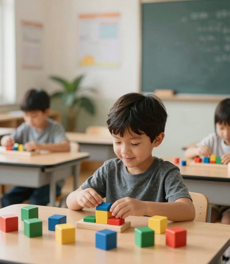 warm editorial photography of a modern, organized classroom with soft natural light, a child happily engaged with colorful sensory wooden blocks at eye-level, shallow depth of field, 35mm