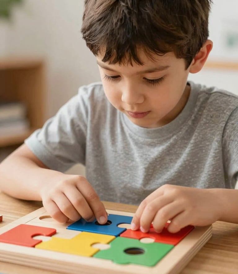 Warm editorial photography of a child with autism looking intently at a colorful wooden puzzle, soft natural daylight, rich optimistic colors, shallow depth of field, 35mm