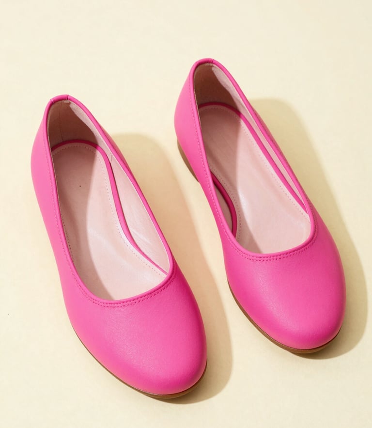 Quirky retro product photography of asymmetrical hot pink flats on a pastel cream surface, vibrant studio lighting, 35mm