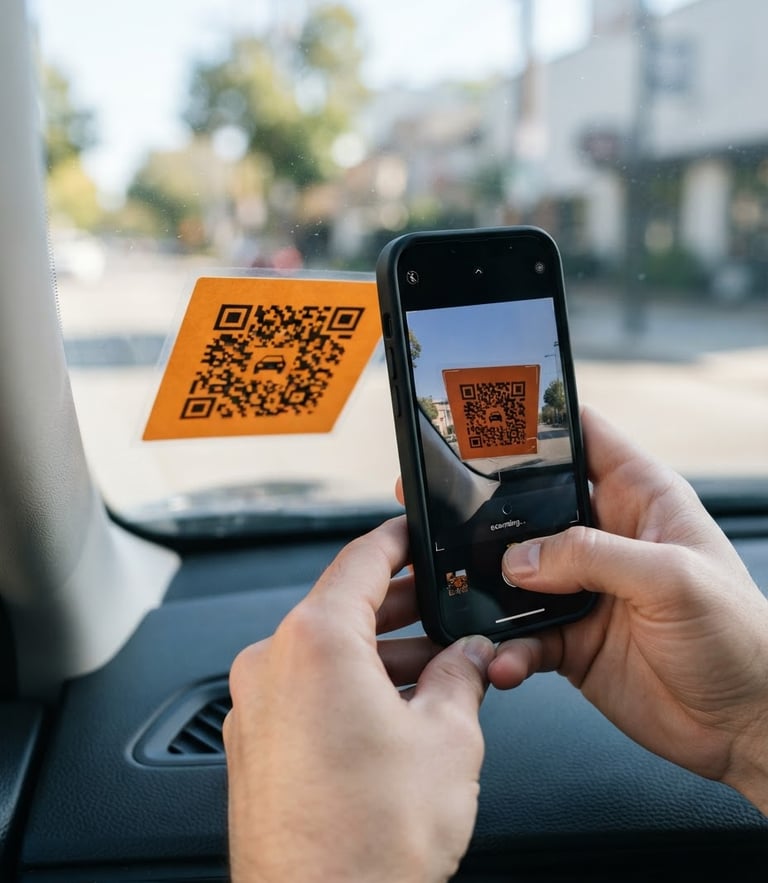 Hands holding a smartphone scanning a safety-orange QR sticker on a car windshield, bright daylight, 35mm lens, sharp focus