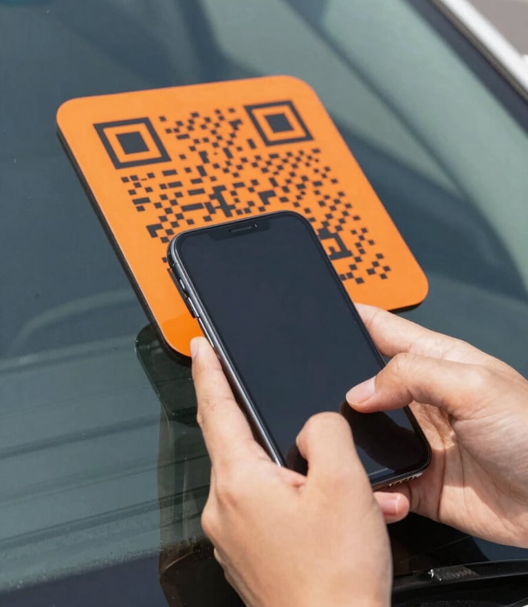 Hands holding a smartphone scanning a high-contrast safety orange QR code decal on a car windshield, bright natural daylight, crisp focus