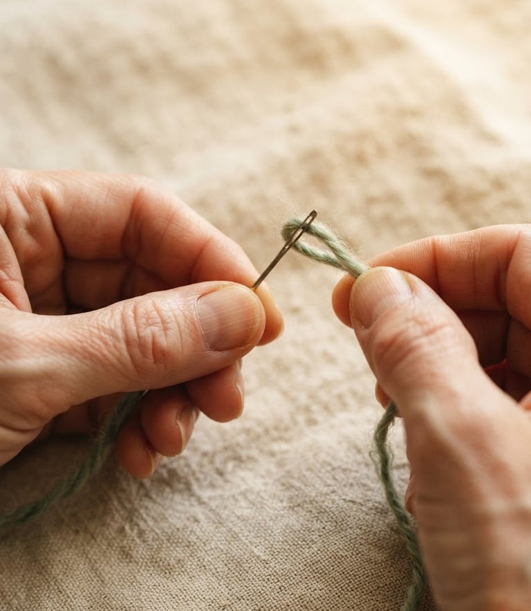 Close-up of hands threading a needle with soft sage green wool, textured linen background, warm diffused morning window light.
