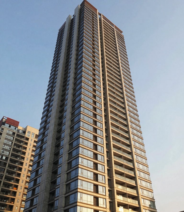 Editorial architectural photography of a modern luxury residential tower in Gurgaon with glass facade reflecting warm golden hour sunlight, sharp lines, wide-angle lens