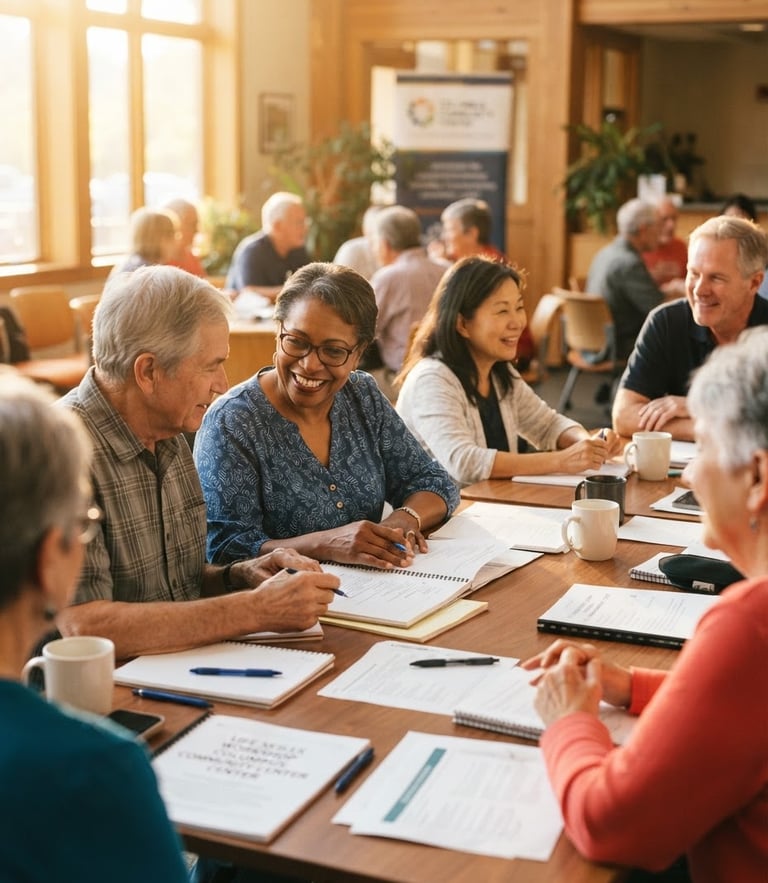 Active adults attending a life skills workshop in a bright Columbus community center, warm golden-hour light, collaborative atmosphere, shallow depth of field, 35mm lens