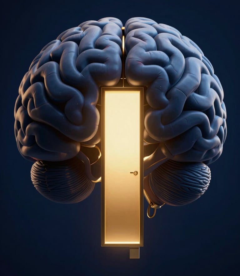 A highly detailed cinematic 3D render of a stylized anatomical brain with a single illuminated glowing golden doorway in the center, low-key dramatic lighting, deep midnight blue background, gold accents, 8k