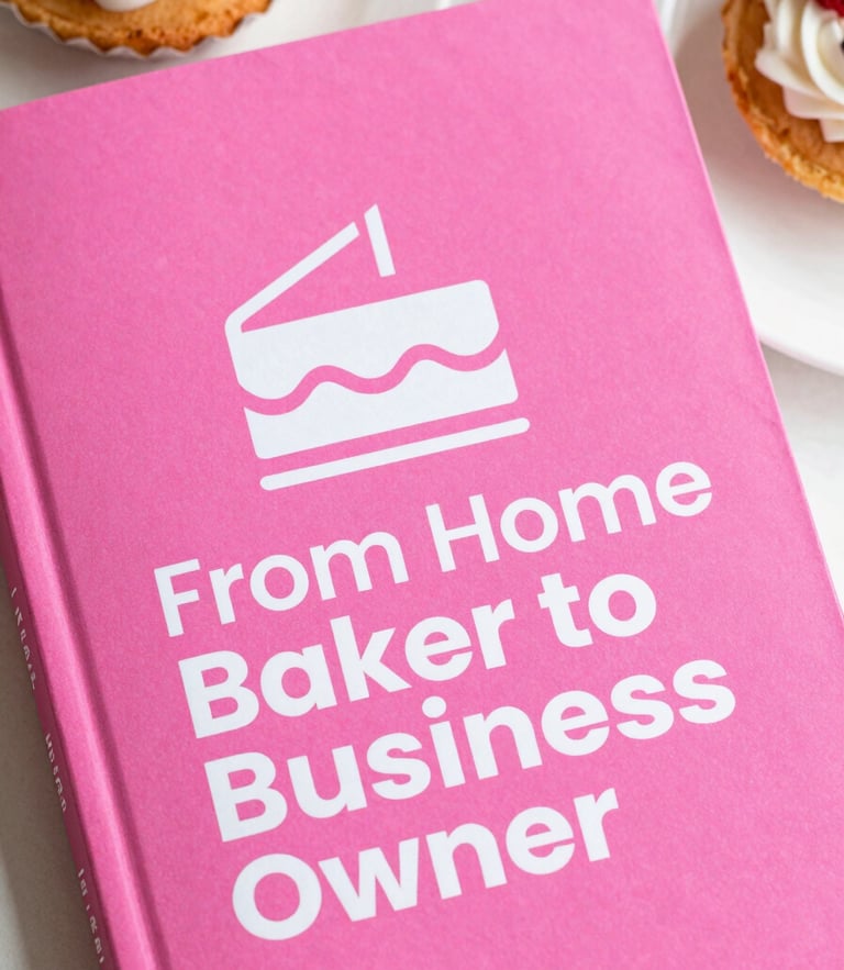 A professional book cover titled 'From Home Baker to Business Owner' with a vibrant pink background, displaying a modern cake icon and clean typography.