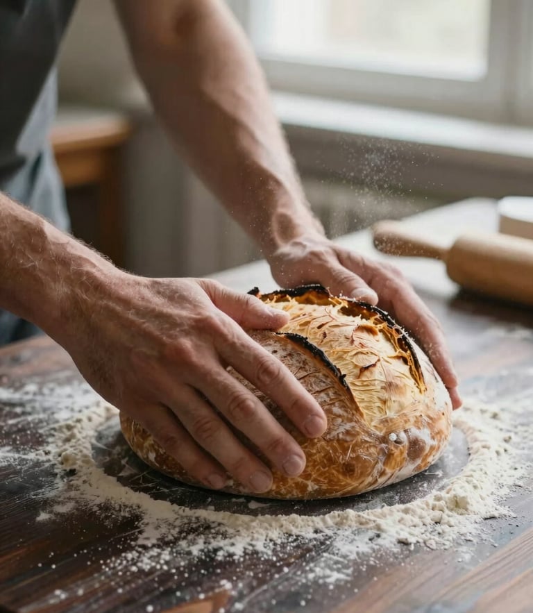 Close-up of a baker's hands gently shaping sourdough on a dark wooden table, soft morning window light, flour dusting the air, warm editorial photography, 35mm