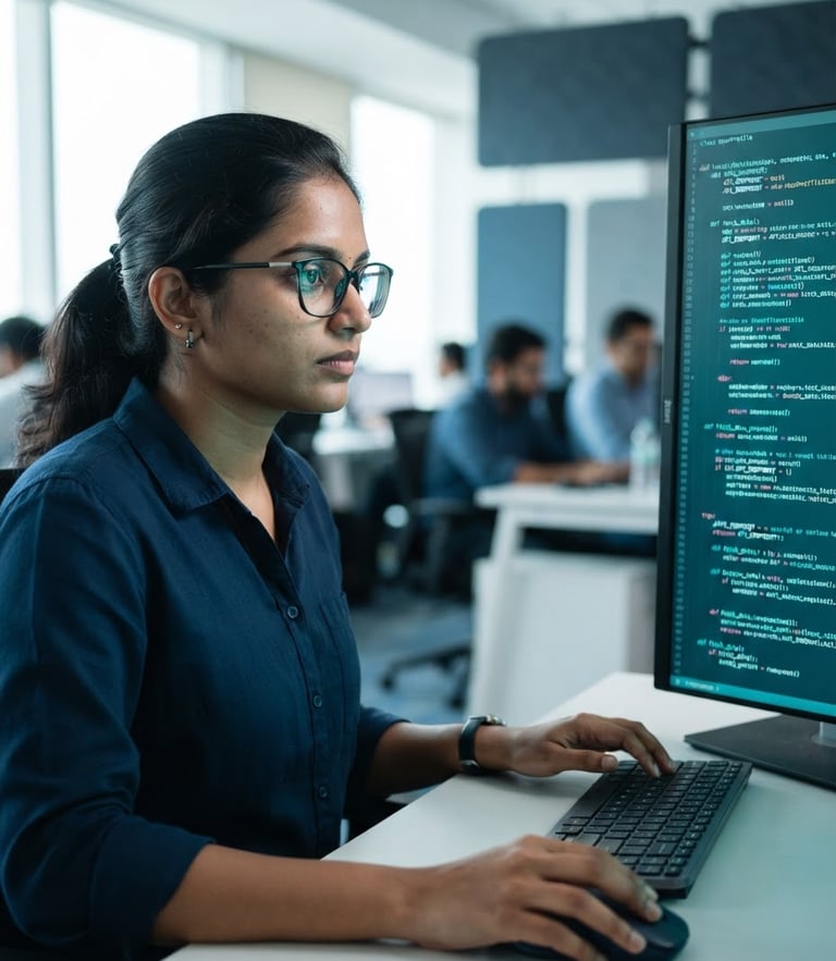 A close-up of a modern Indian software engineer analyzing lines of code on a vertical monitor, illuminated by cool teal terminal light, sharp focus.