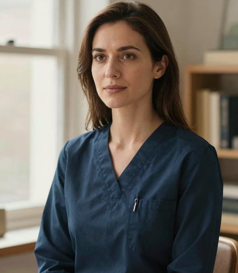Professional and authentic portrait of a female psychoanalyst in her 30s, warm natural window light, calm and thoughtful expression, soft focus background of a clinical office with books