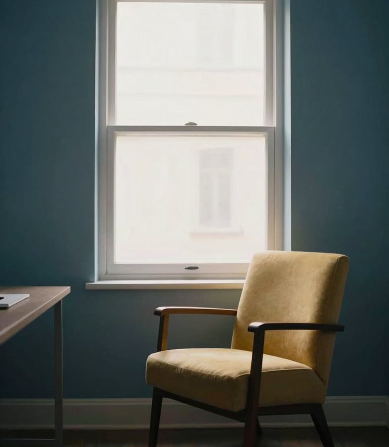 A quiet, minimalist consulting room with a single elegant empty armchair near a window, soft natural morning light, editorial photography