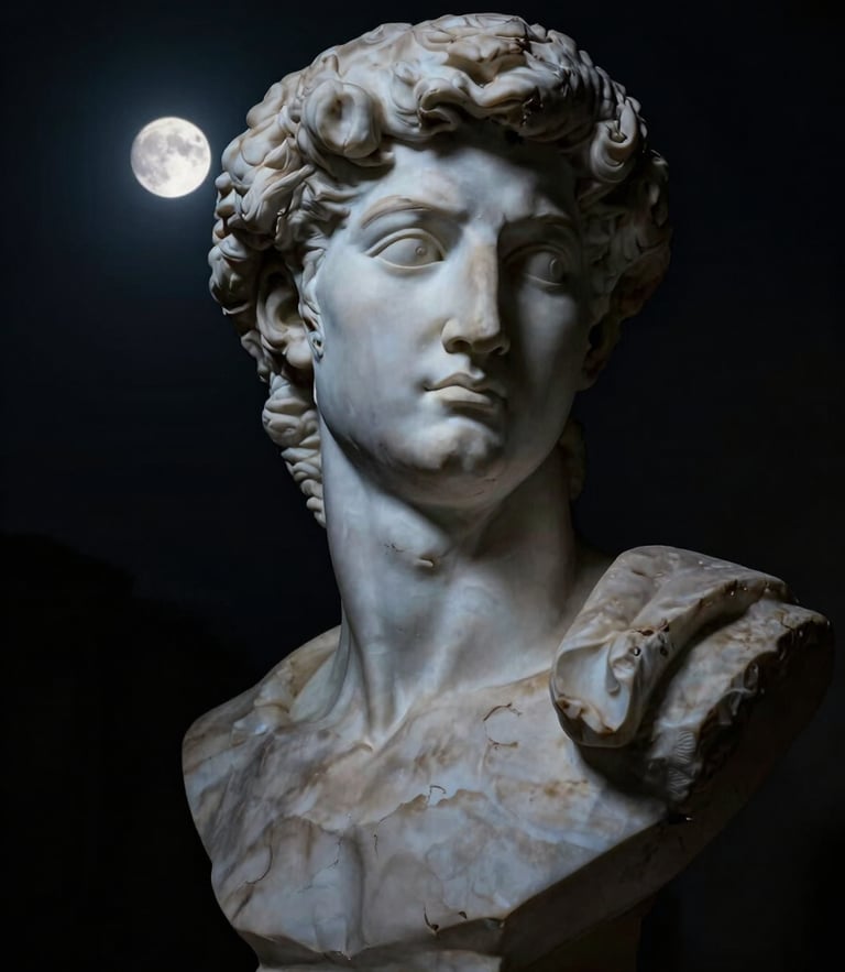 Chiaroscuro portrait of a marble bust emerging from deep midnight shadows, illuminated by a single cool moonlight source from the side, high contrast, elegant and quiet.