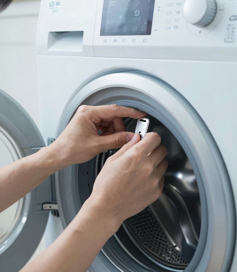 Close-up of a professional technician's hands calibrating a high-end digital control panel on a sleek modern washing machine, bright cool-toned daylight, sharp focus, 35mm lens