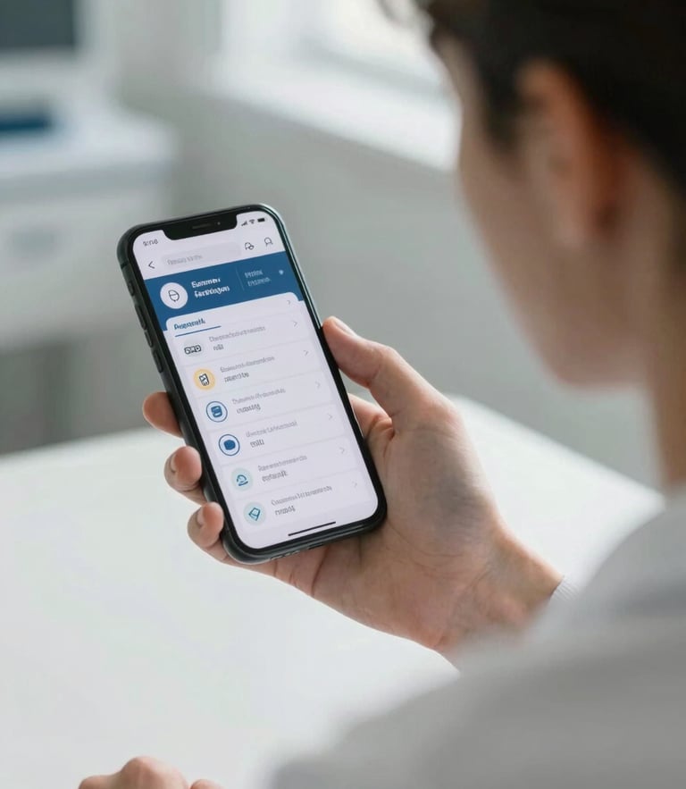 Over-the-shoulder view of a young adult looking at a clean, modern medical review dashboard on a smartphone, soft natural light, relieved expression.