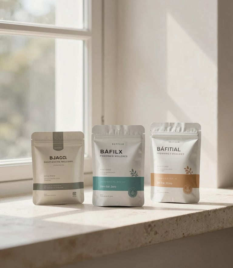 Editorial corporate photography, soft natural daylight, premium packaged wellness goods arranged in clean architectural composition on a stone ledge, 35mm lens