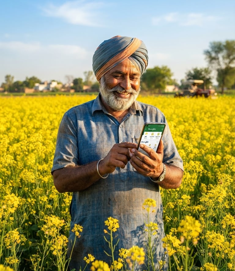 A warm, smiling Indian farmer in a sunlit mustard field holding a smartphone, bright natural daylight, rich colors, 35mm